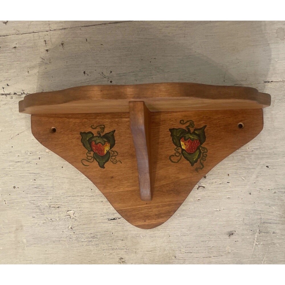 Handmade Wood Wall Shelf w/  Painted Red Strawberries 10” Country Cottage Core